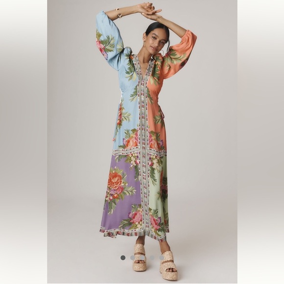 💃🏻RARE💃🏻 Farm Rio x Anthropologie Long-Sleeve V-Neck Maxi Dress size M. - Picture 4 of 12
